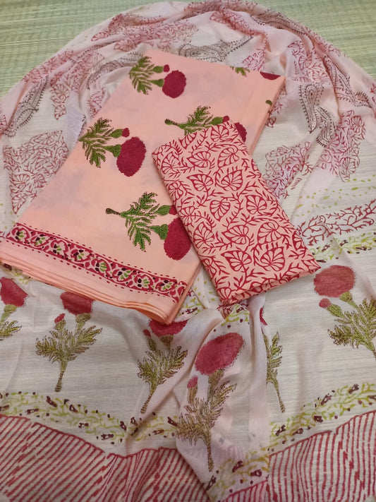 Hand Block Pure Cotton Unstitched Salwar Suit With Chiffon Dupatta - JB382