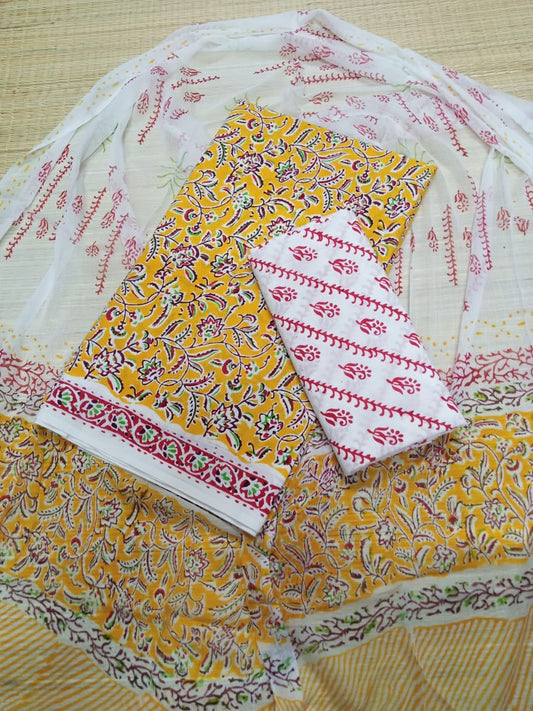 Pure Cotton Hand Block Printed Unstitched Salwar Suit With Chiffon Dupatta - JB383