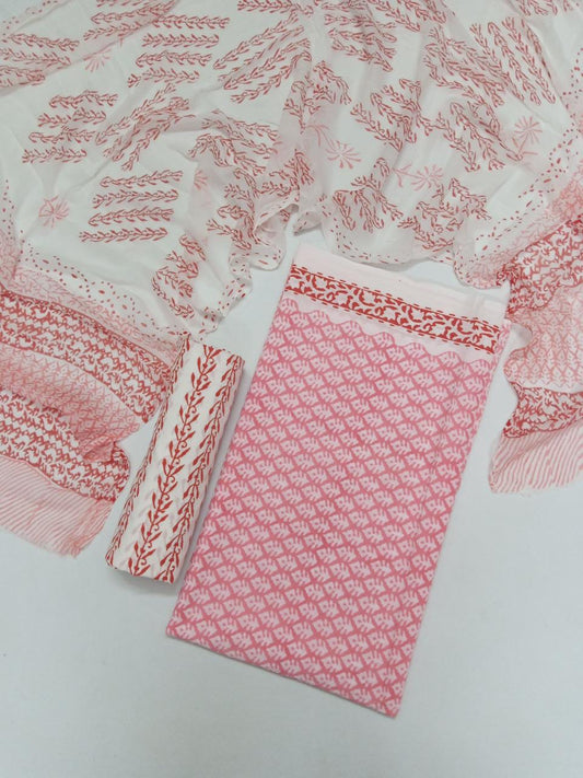Jaipuri Hand Block Printed Pure Cotton Unstitched Salwar Suit with Chiffon Dupatta - JB384