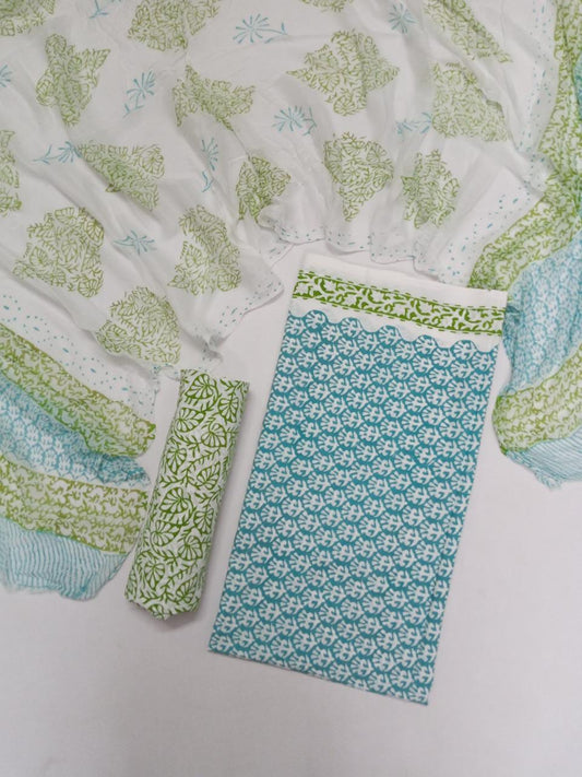 Hand Block Printed Unstitched Pure Cotton Suit Set With Chiffon Dupatta - JB386