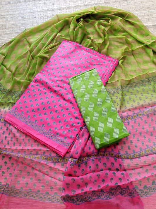 Hand Block Pure Cotton Unstitched Salwar Suit With Chiffon Dupatta - JB387