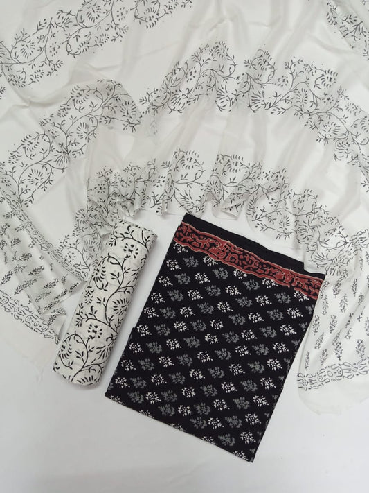 Pure Cotton Hand Block Printed Unstitched Salwar Suit With Chiffon Dupatta - JB388