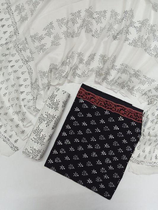Jaipuri Unstitched Dress Material Hand Block Printed Pure Cotton Suit With Chiffon Dupatta - JB390