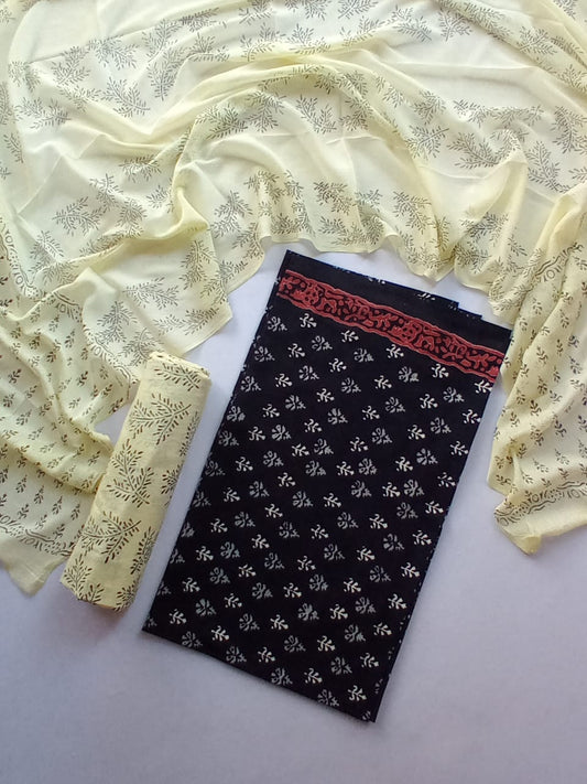 Pure Cotton Hand Block Printed Unstitched Salwar Suit With Chiffon Dupatta - JB393