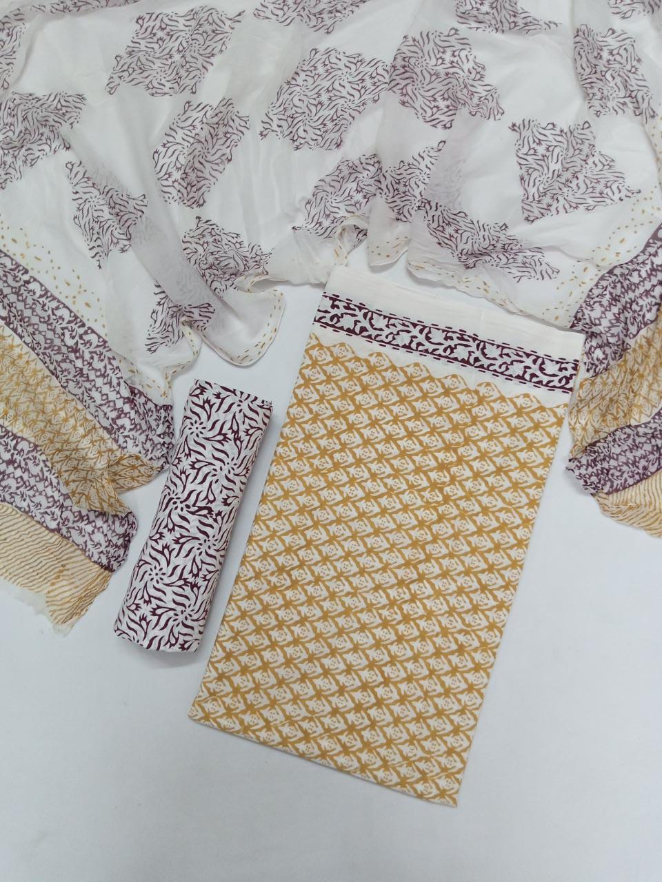 Jaipuri Hand Block Printed Pure Cotton Unstitched Salwar Suit with Chiffon Dupatta - JB394