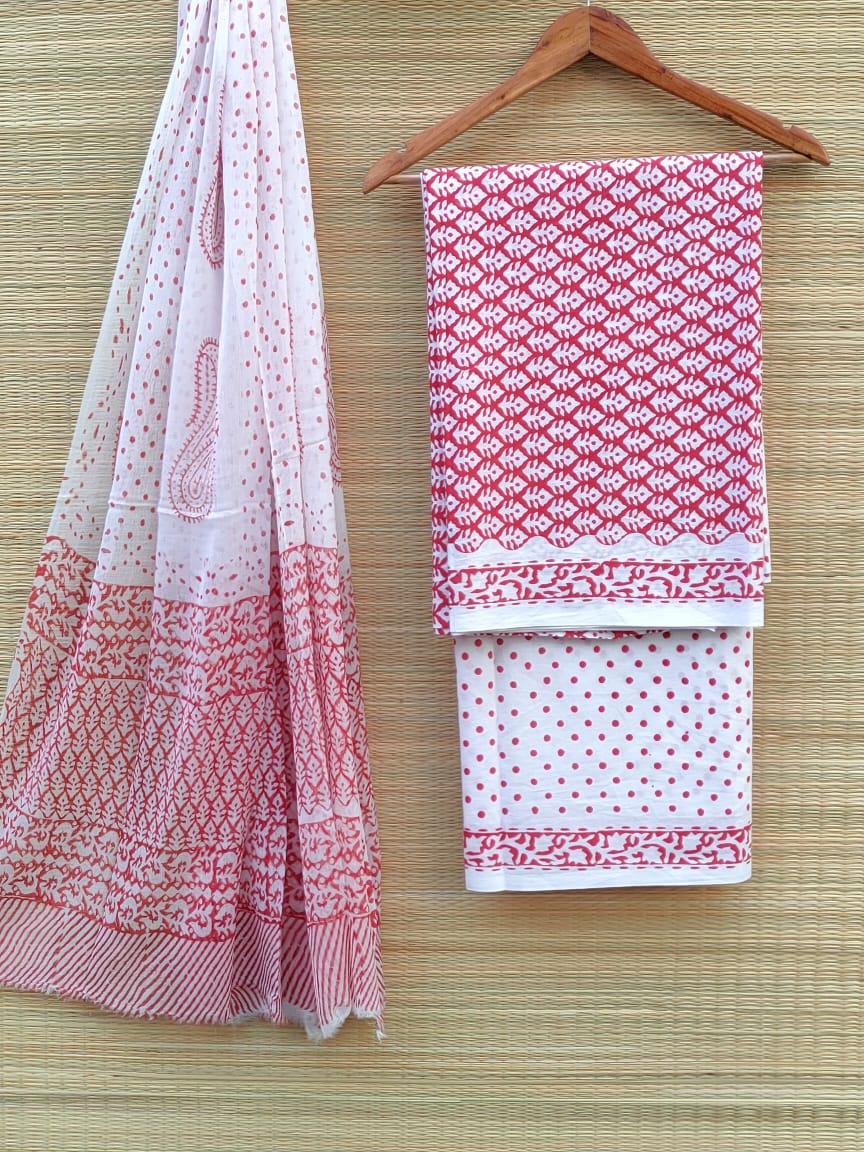 Jaipuri Unstitched Dress Material Hand Block Printed Pure Cotton Suit With Chiffon Dupatta - JB395