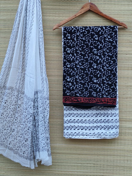 Pure Cotton Hand Block Printed Unstitched Salwar Suit With Chiffon Dupatta - JB398
