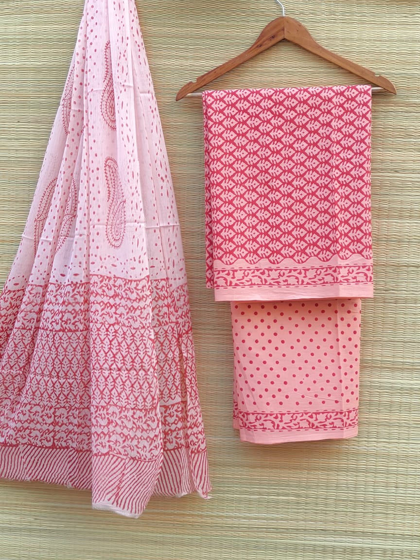 Jaipuri Hand Block Printed Pure Cotton Unstitched Salwar Suit with Chiffon Dupatta - JB399