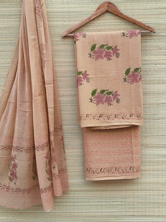 Jaipuri Unstitched Dress Material Hand Block Printed Pure Cotton Suit With Chiffon Dupatta - JB400