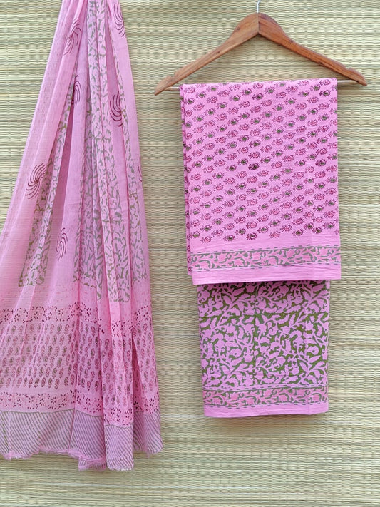 Hand Block Printed Unstitched Pure Cotton Suit Set With Chiffon Dupatta - JB401