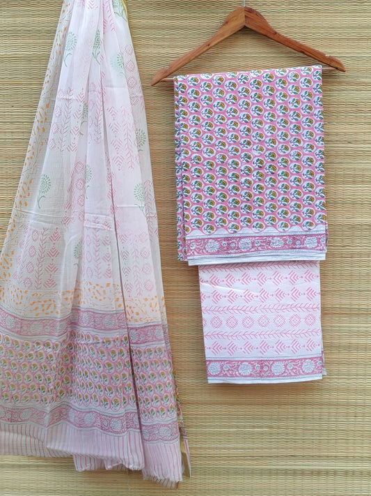 Hand Block Pure Cotton Unstitched Salwar Suit With Chiffon Dupatta - JB402