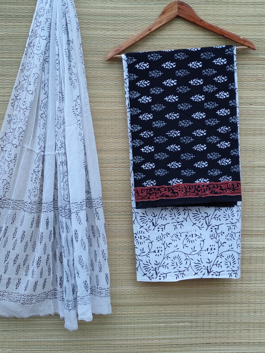 Pure Cotton Hand Block Printed Unstitched Salwar Suit With Chiffon Dupatta - JB403