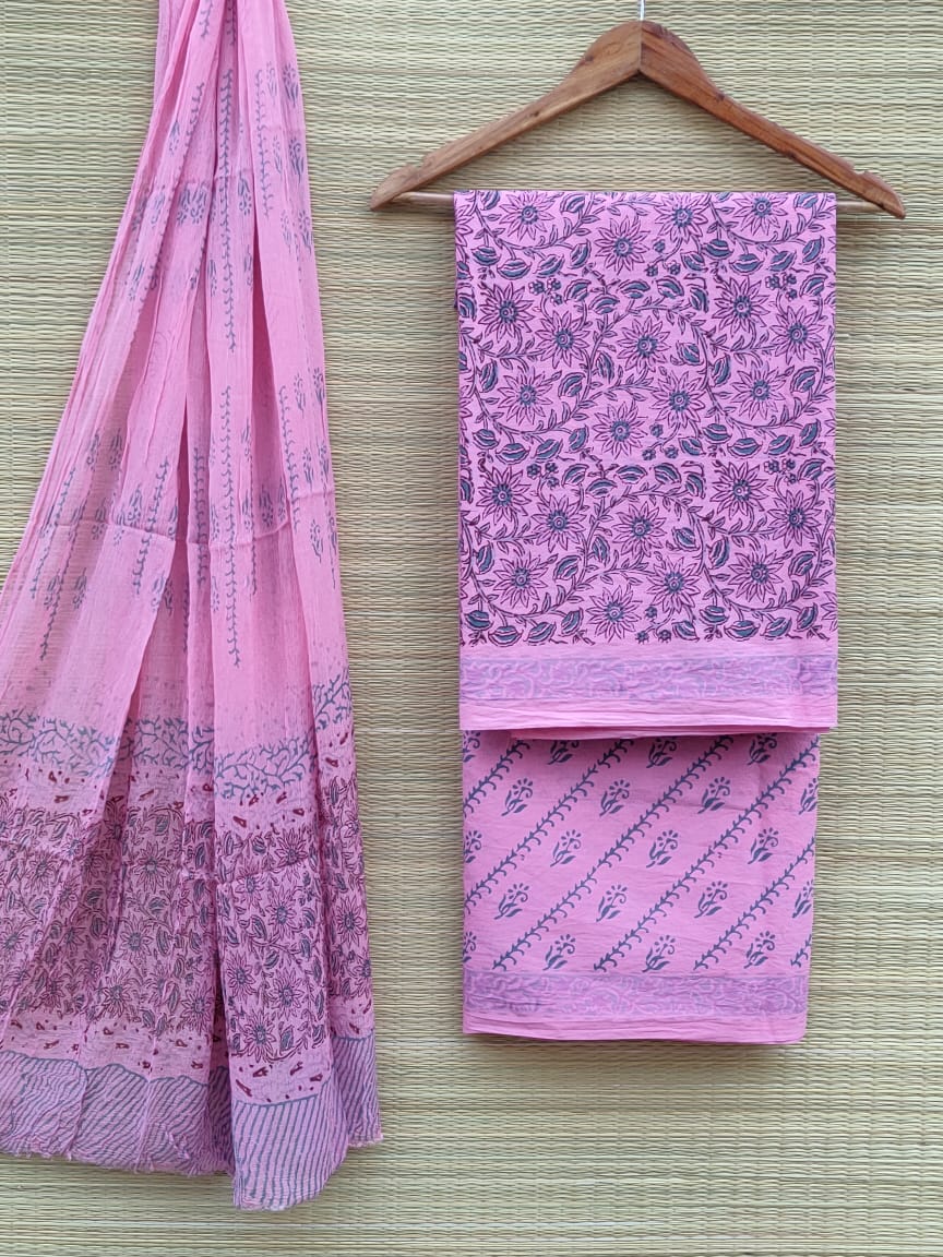 Jaipuri Hand Block Printed Pure Cotton Unstitched Salwar Suit with Chiffon Dupatta - JB404