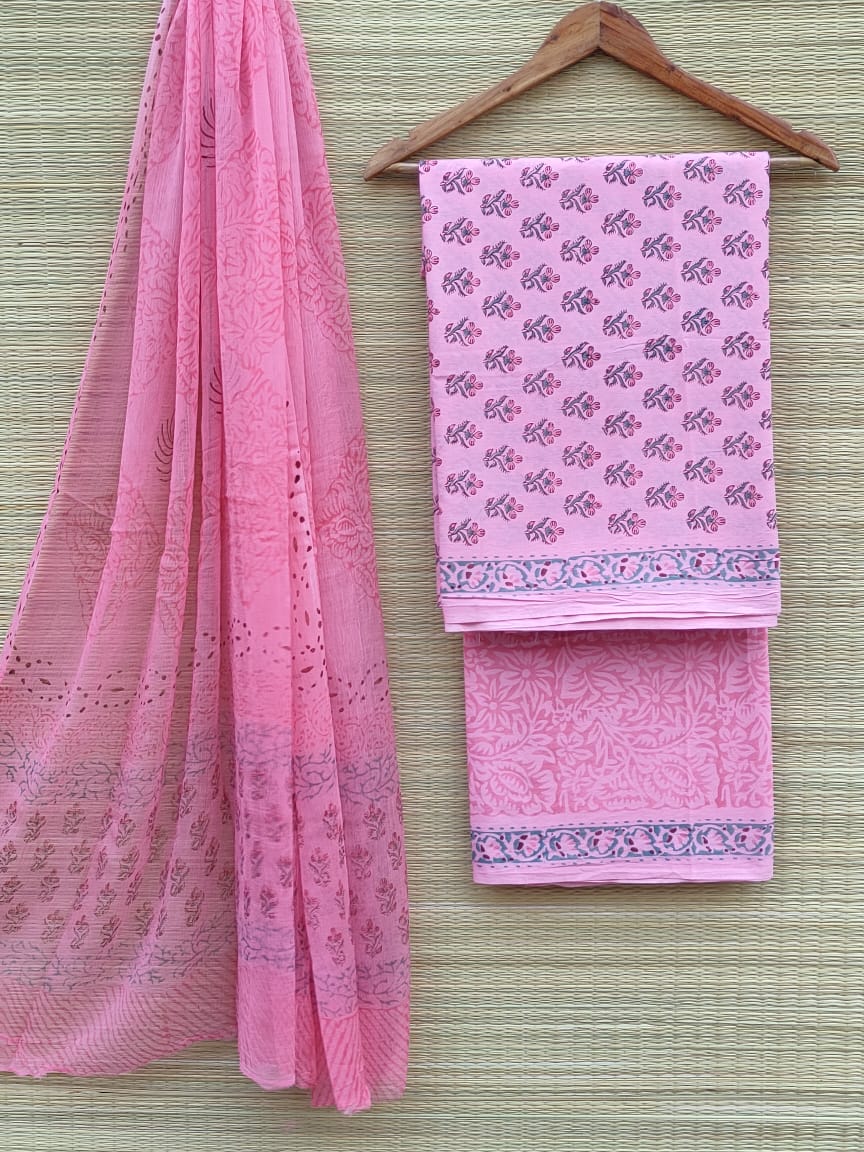 Jaipuri Unstitched Dress Material Hand Block Printed Pure Cotton Suit With Chiffon Dupatta - JB405