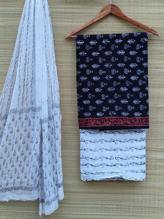Hand Block Printed Unstitched Pure Cotton Suit Set With Chiffon Dupatta - JB406