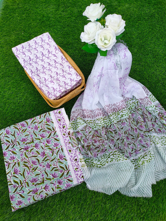 Hand Block Printed Chiffon Dupatta Salwar Suit Set - JBOCF12