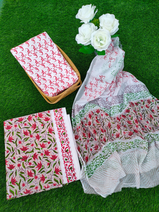 Hand Block Printed Chiffon Dupatta Salwar Suit Set - JBOCF13