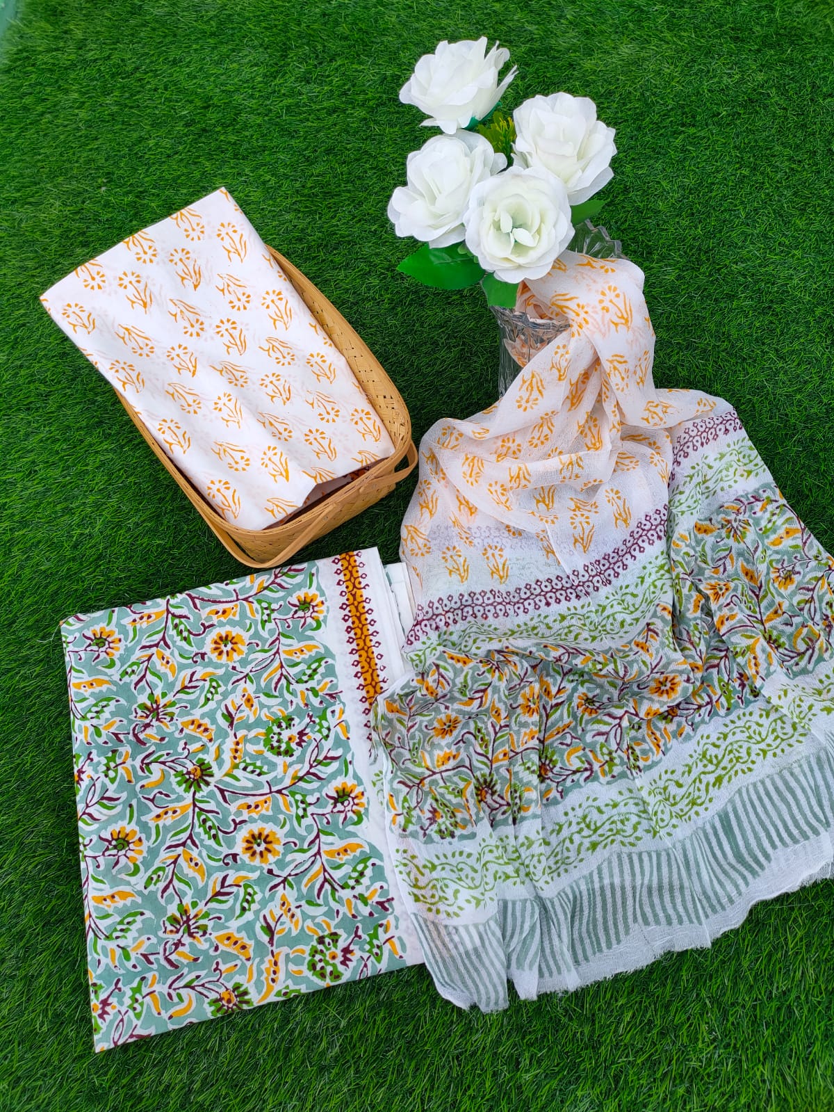 Hand Block Printed Chiffon Dupatta Salwar Suit Set - JBOCF14