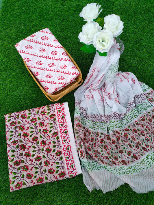 Hand Block Printed Chiffon Dupatta Salwar Suit Set - JBOCF15