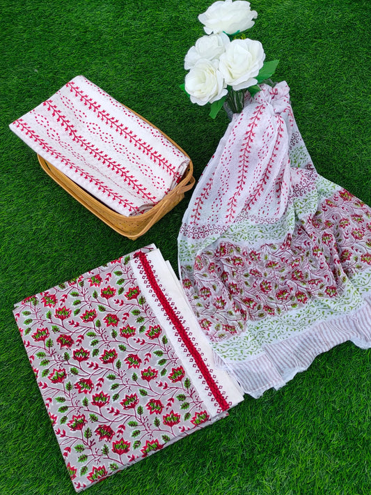 Hand Block Printed Chiffon Dupatta Salwar Suit Set - JBOCF2