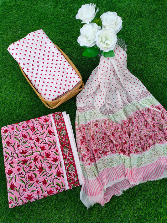 Hand Block Printed Chiffon Dupatta Salwar Suit Set - JBOCF21