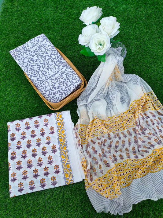 Hand Block Printed Chiffon Dupatta Salwar Suit Set - JBOCF22