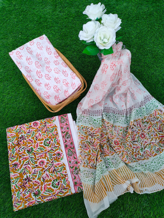 Hand Block Printed Chiffon Dupatta Salwar Suit Set - JBOCF23