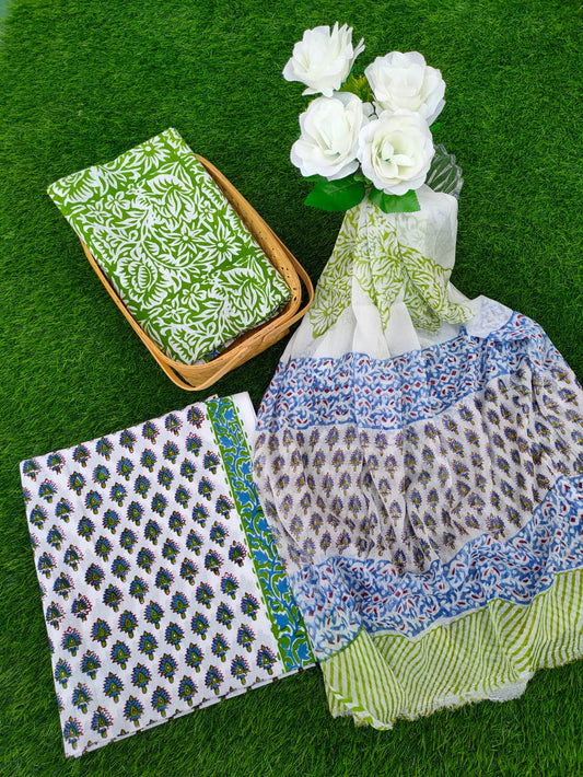 Hand Block Printed Chiffon Dupatta Salwar Suit Set - JBOCF24
