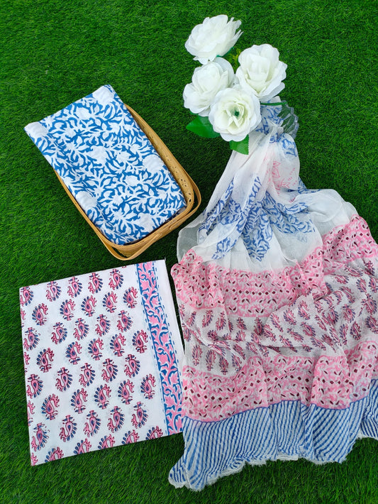Hand Block Printed Chiffon Dupatta Salwar Suit Set - JBOCF28