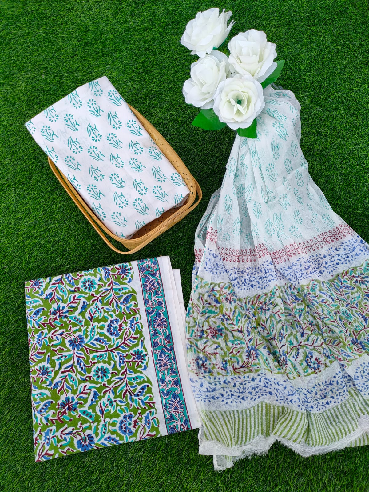 Hand Block Printed Chiffon Dupatta Salwar Suit Set - JBOCF30