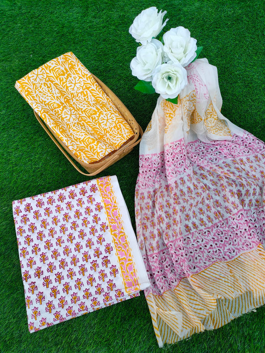 Hand Block Printed Chiffon Dupatta Salwar Suit Set - JBOCF31