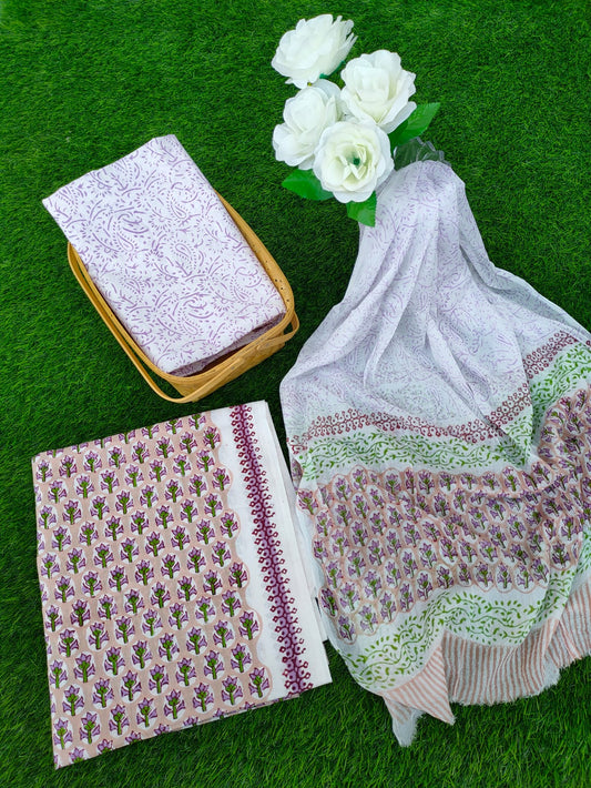 Hand Block Printed Chiffon Dupatta Salwar Suit Set - JBOCF32