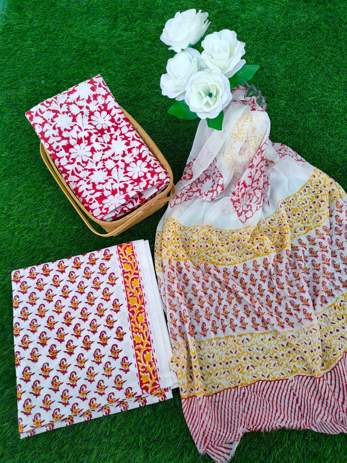 Hand Block Printed Chiffon Dupatta Salwar Suit Set - JBOCF34