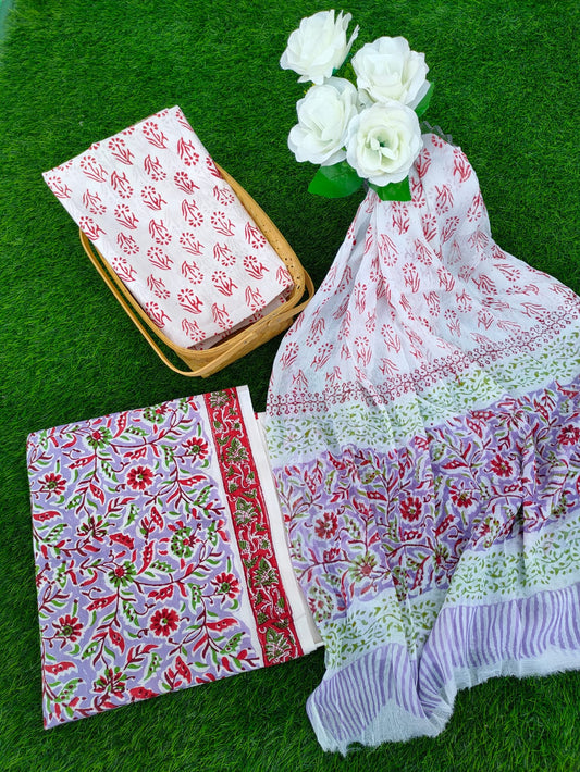 Hand Block Printed Chiffon Dupatta Salwar Suit Set - JBOCF35