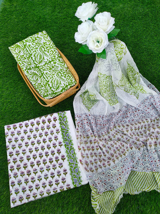 Hand Block Printed Chiffon Dupatta Salwar Suit Set - JBOCF36