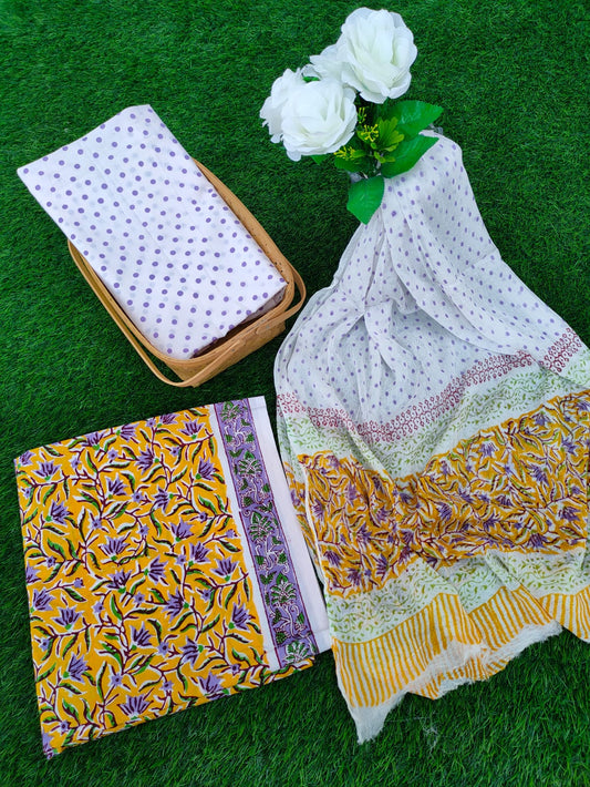 Hand Block Printed Chiffon Dupatta Salwar Suit Set - JBOCF37
