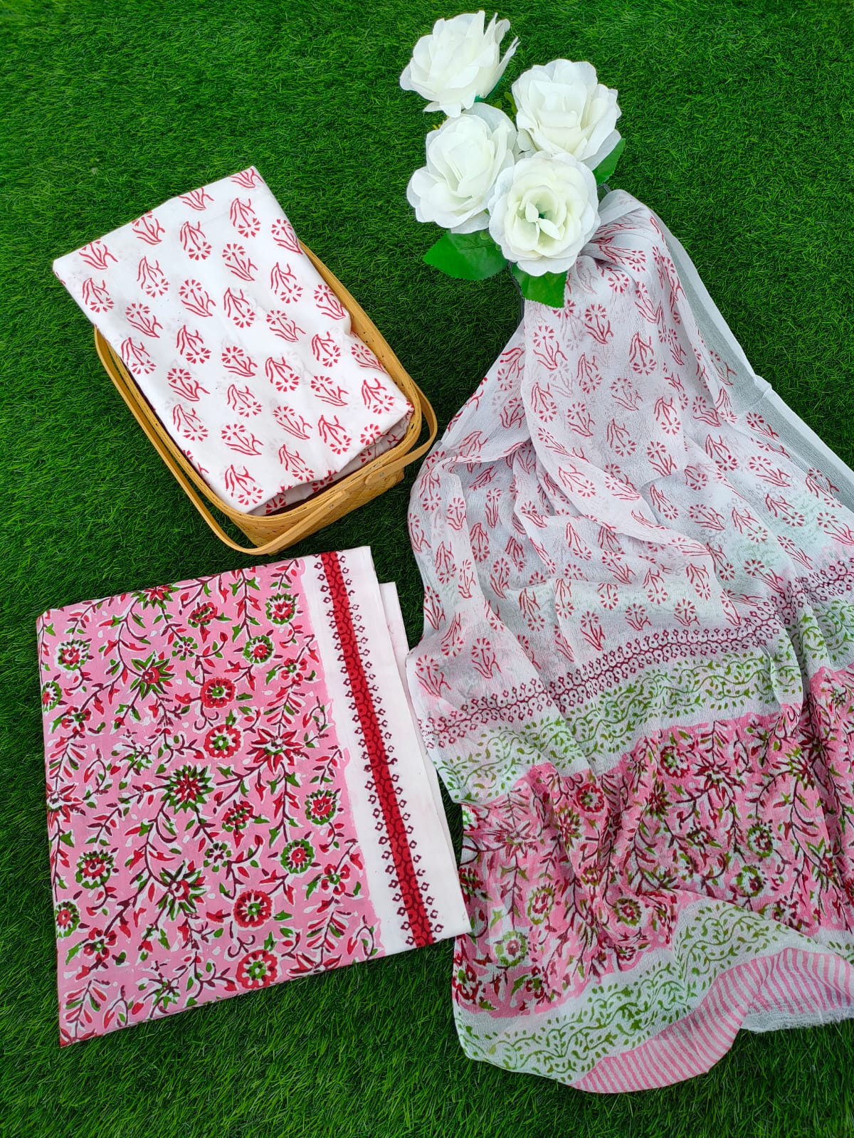 Hand Block Printed Chiffon Dupatta Salwar Suit Set - JBOCF38