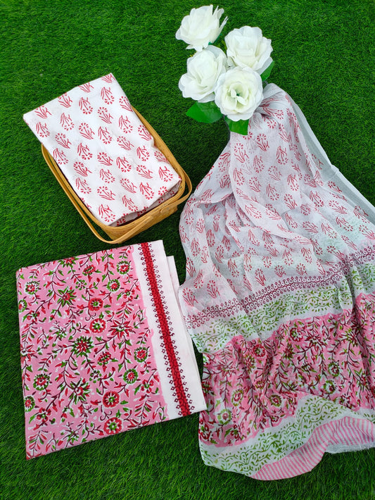 Hand Block Printed Chiffon Dupatta Salwar Suit Set - JBOCF38
