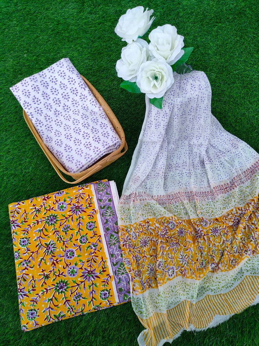 Hand Block Printed Chiffon Dupatta Salwar Suit Set - JBOCF39