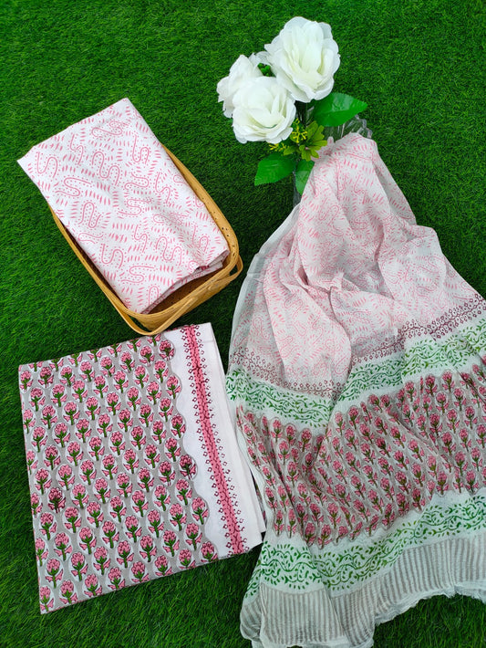 Hand Block Printed Chiffon Dupatta Salwar Suit Set - JBOCF44