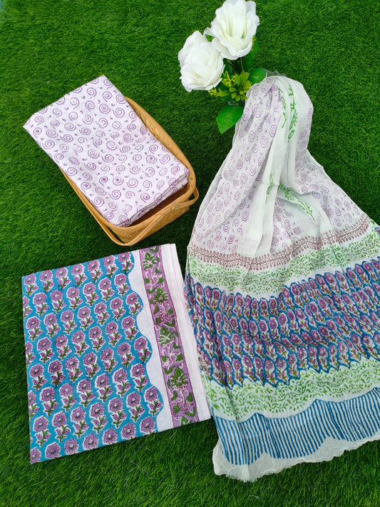 Hand Block Printed Chiffon Dupatta Salwar Suit Set - JBOCF46