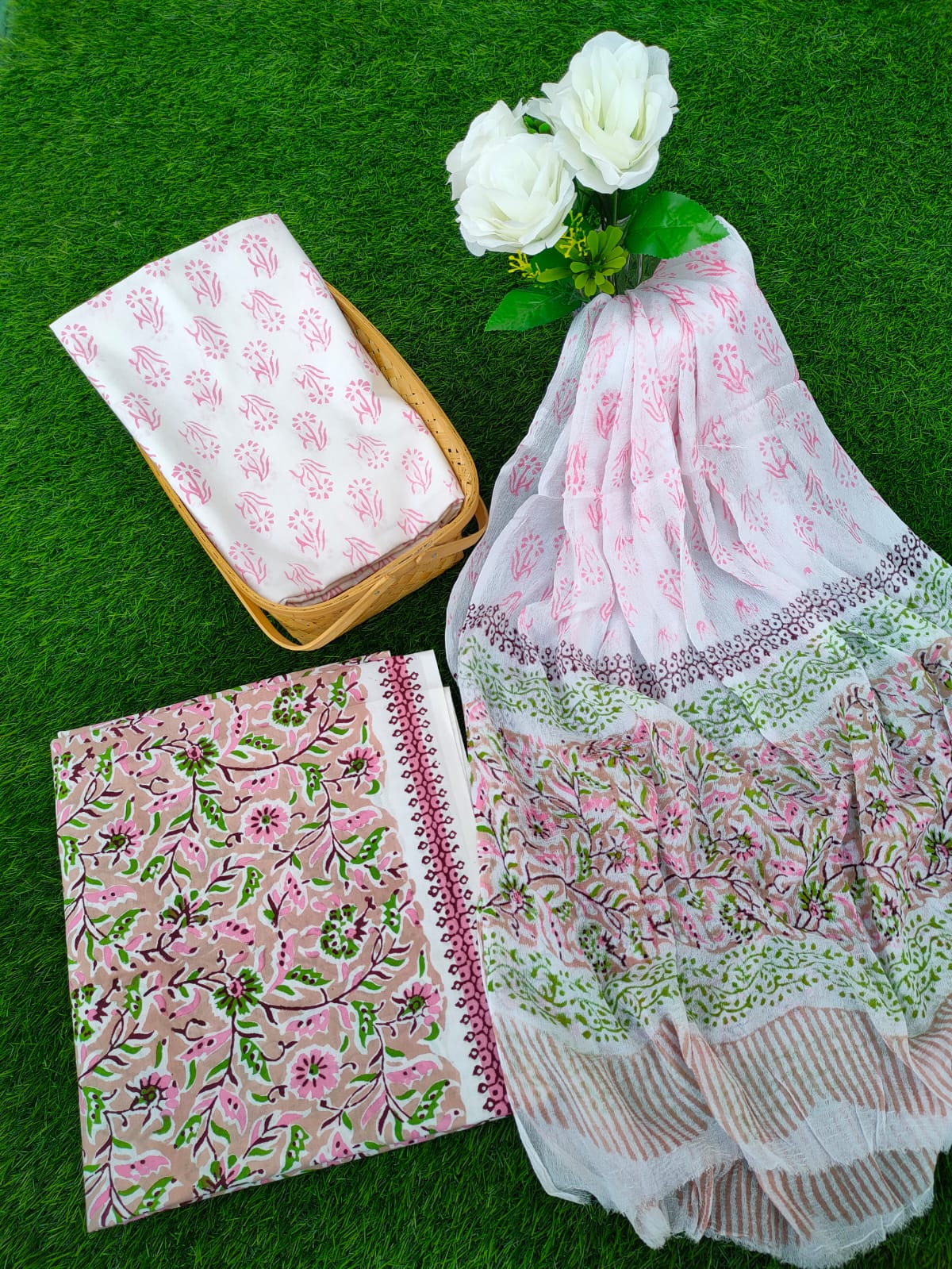 Hand Block Printed Chiffon Dupatta Salwar Suit Set - JBOCF47