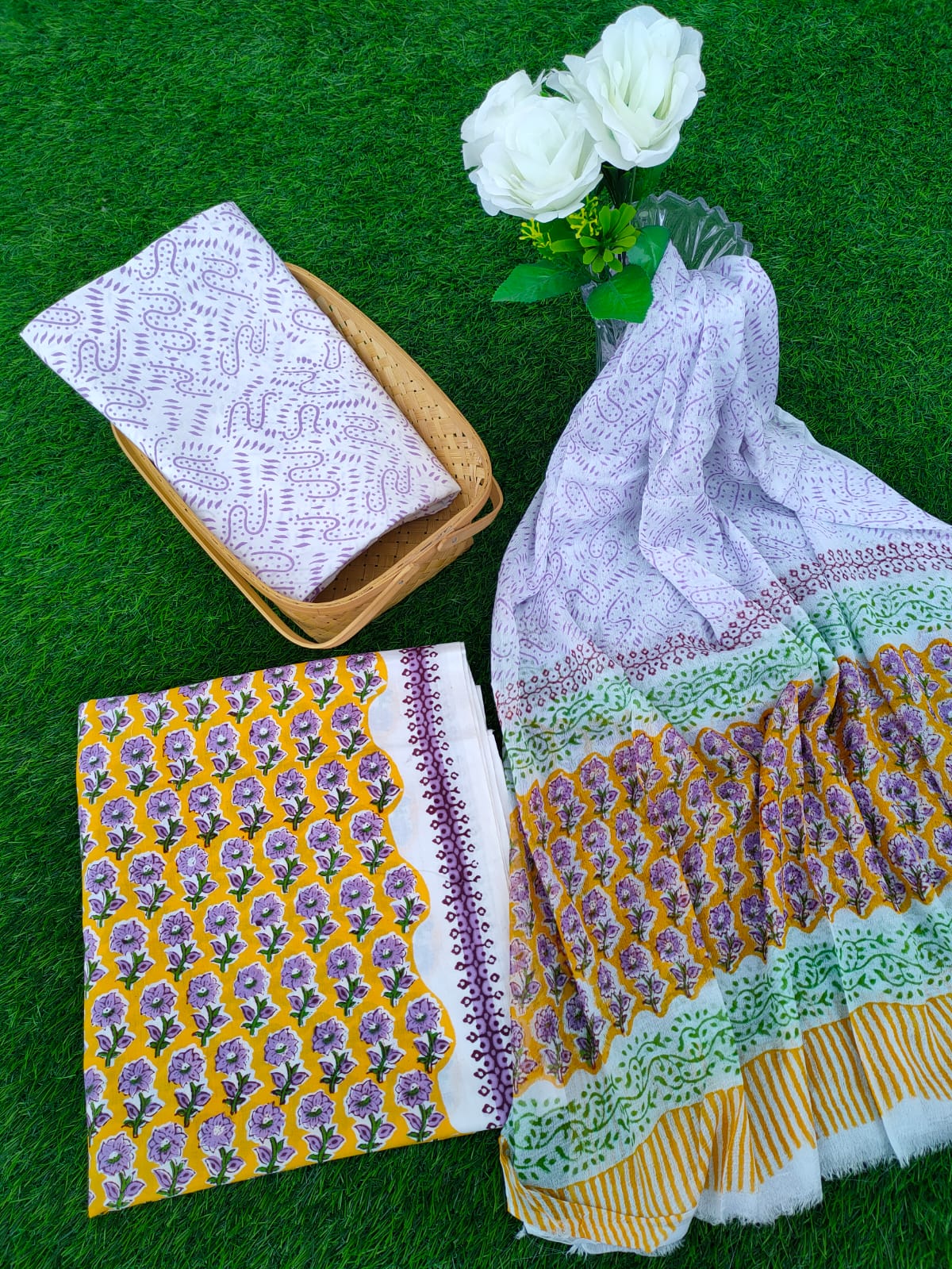 Hand Block Printed Chiffon Dupatta Salwar Suit Set - JBOCF51