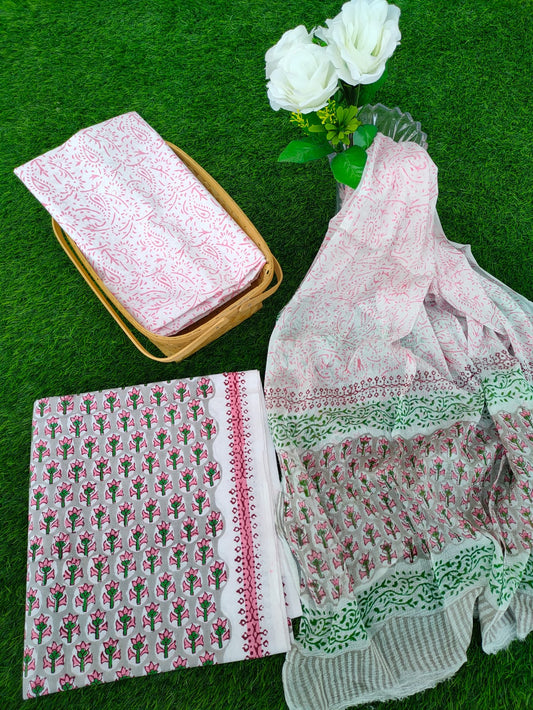 Hand Block Printed Chiffon Dupatta Salwar Suit Set - JBOCF54