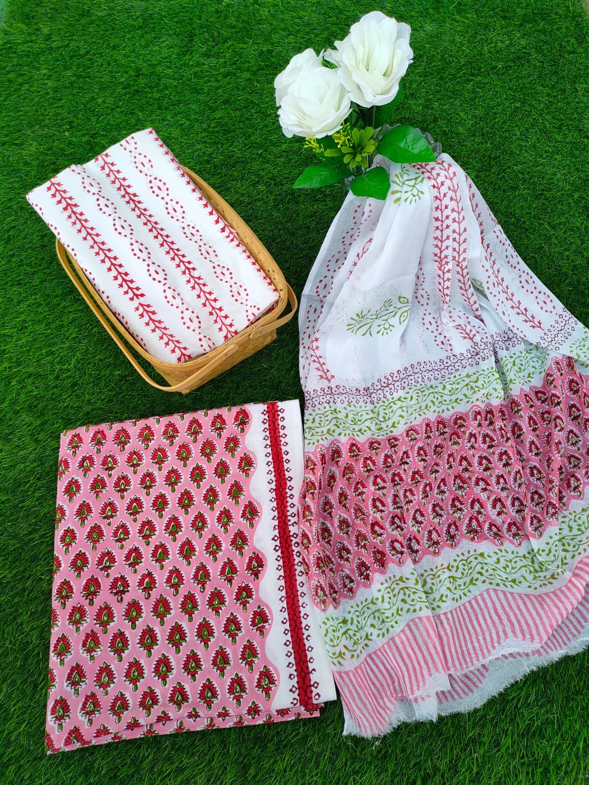 Hand Block Printed Chiffon Dupatta Salwar Suit Set - JBOCF56
