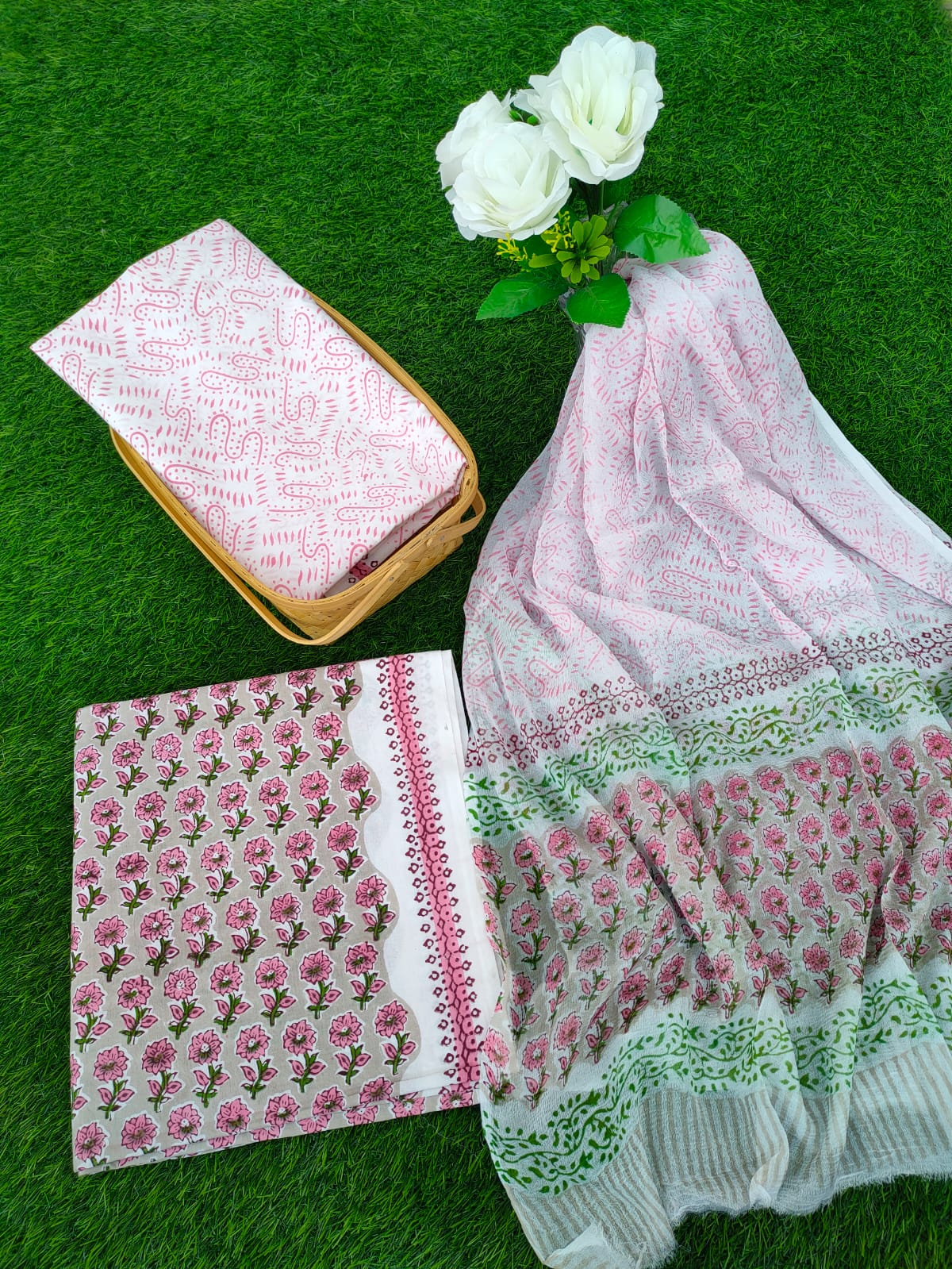 Hand Block Printed Chiffon Dupatta Salwar Suit Set - JBOCF57