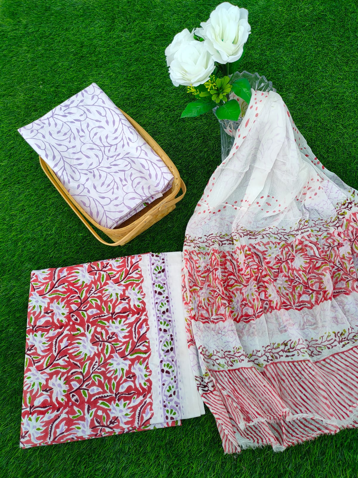 Hand Block Printed Chiffon Dupatta Salwar Suit Set - JBOCF58
