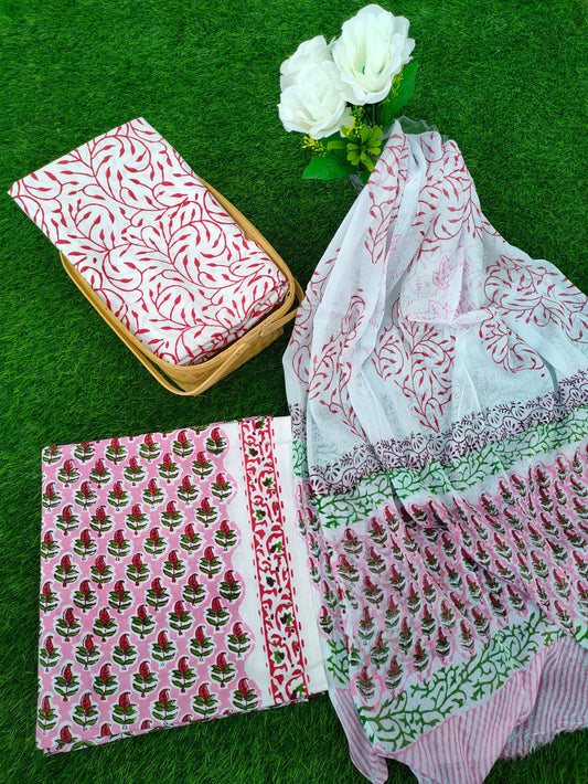 Hand Block Printed Chiffon Dupatta Salwar Suit Set - JBOCF59