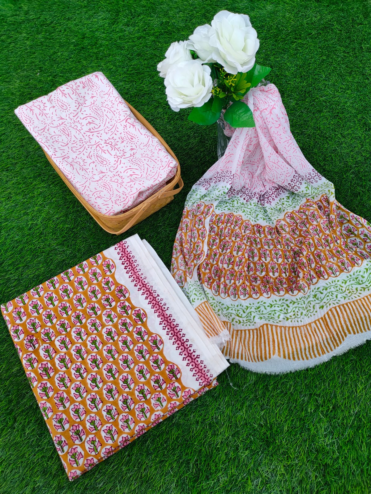 Hand Block Printed Chiffon Dupatta Salwar Suit Set - JBOCF6
