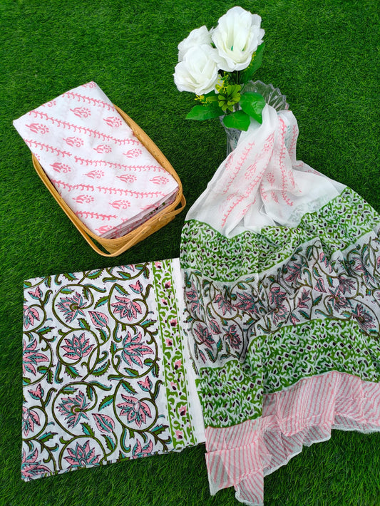 Hand Block Printed Chiffon Dupatta Salwar Suit Set - JBOCF62